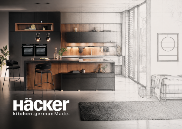 Modern Häcker kitchen design featuring matte black cabinets, wood accents, and a hybrid architectural sketch transition.